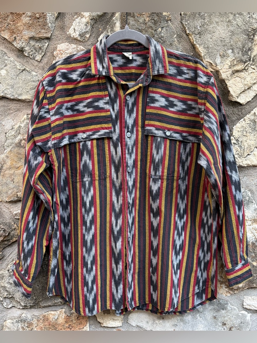 Vtg 90s Hand Woven Guatemala Button Down Cotton Ikat Shirt Sz MEDIUM Cool, Hip